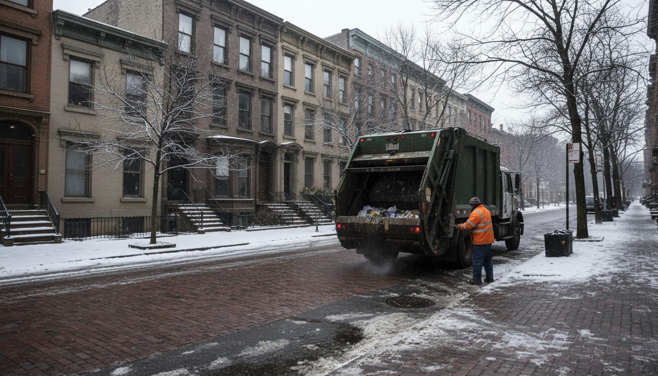 Rear-loader collection truck on a brick-paved Northeast urban street in light winter weather
